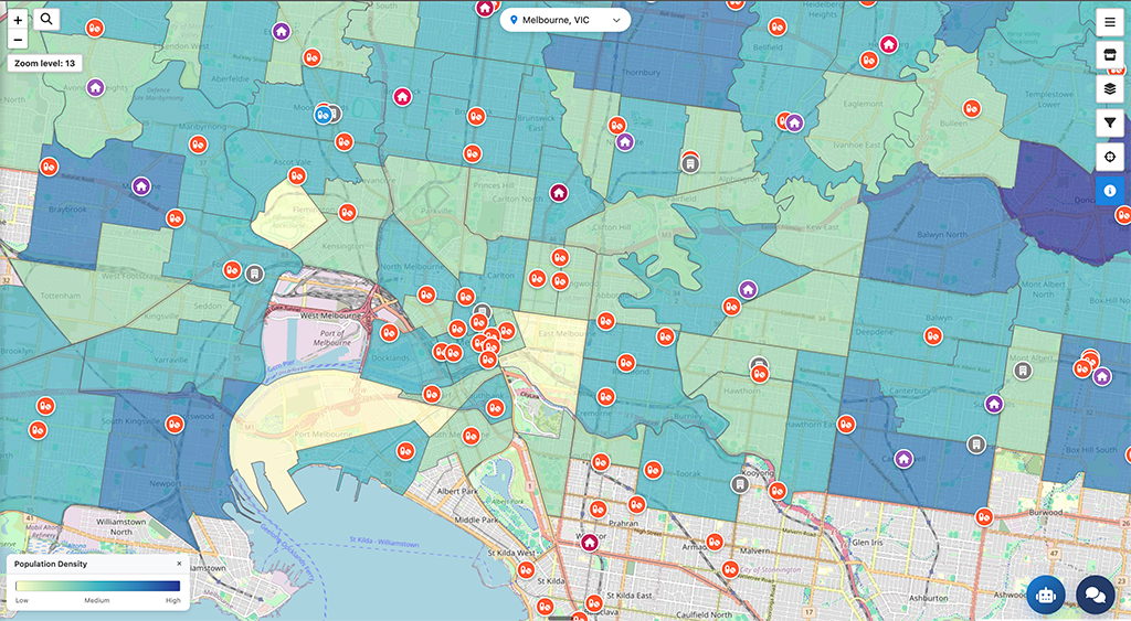 Mapero location intelligence platform showing interactive map with demographic data and business locations